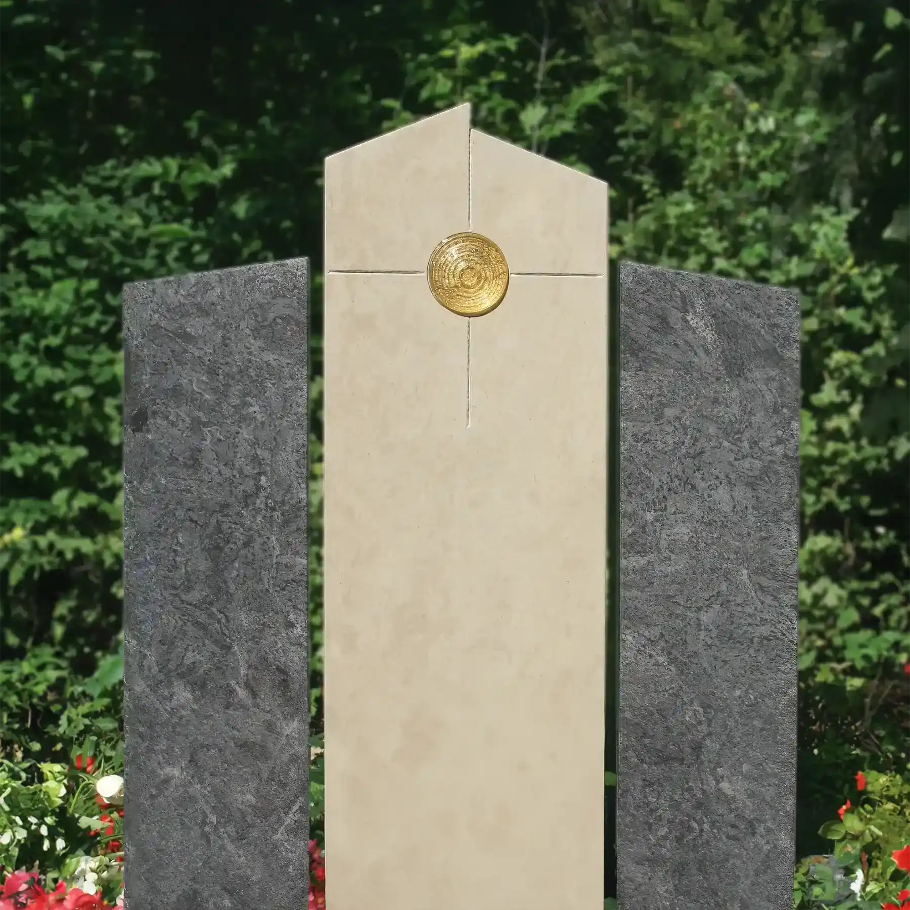 Doppelgrabstein "Eleganz in Stein" 3-Teiliger Familiengrabstein mit Goldener Glaslinse