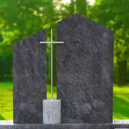 Familiengrab Doppelgrabstein aus Orion Hartgestein poliert mit Edelstahlkreuz