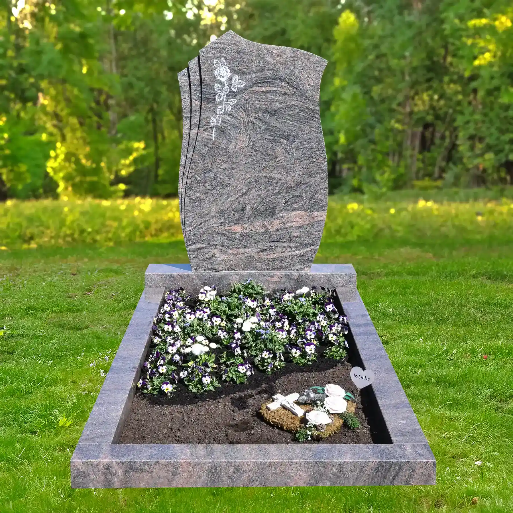 Einzelgrabstein aus Himalaya Hartgestein Motiv Radierung Rosen – Bild 2