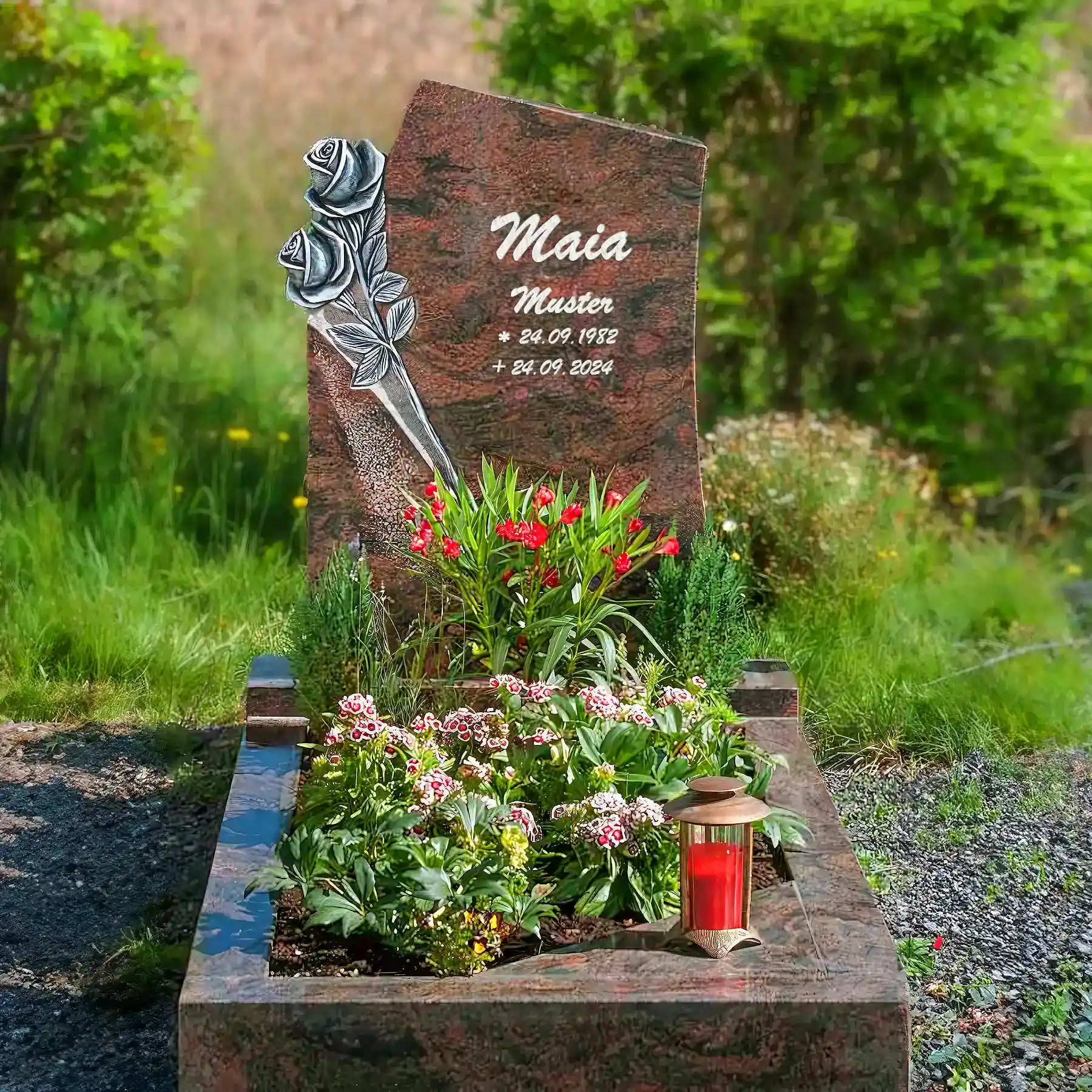 Einzelgrabstein mit handwerklicher Bildhauerarbeit (Rosenmotiv) – Bild 4