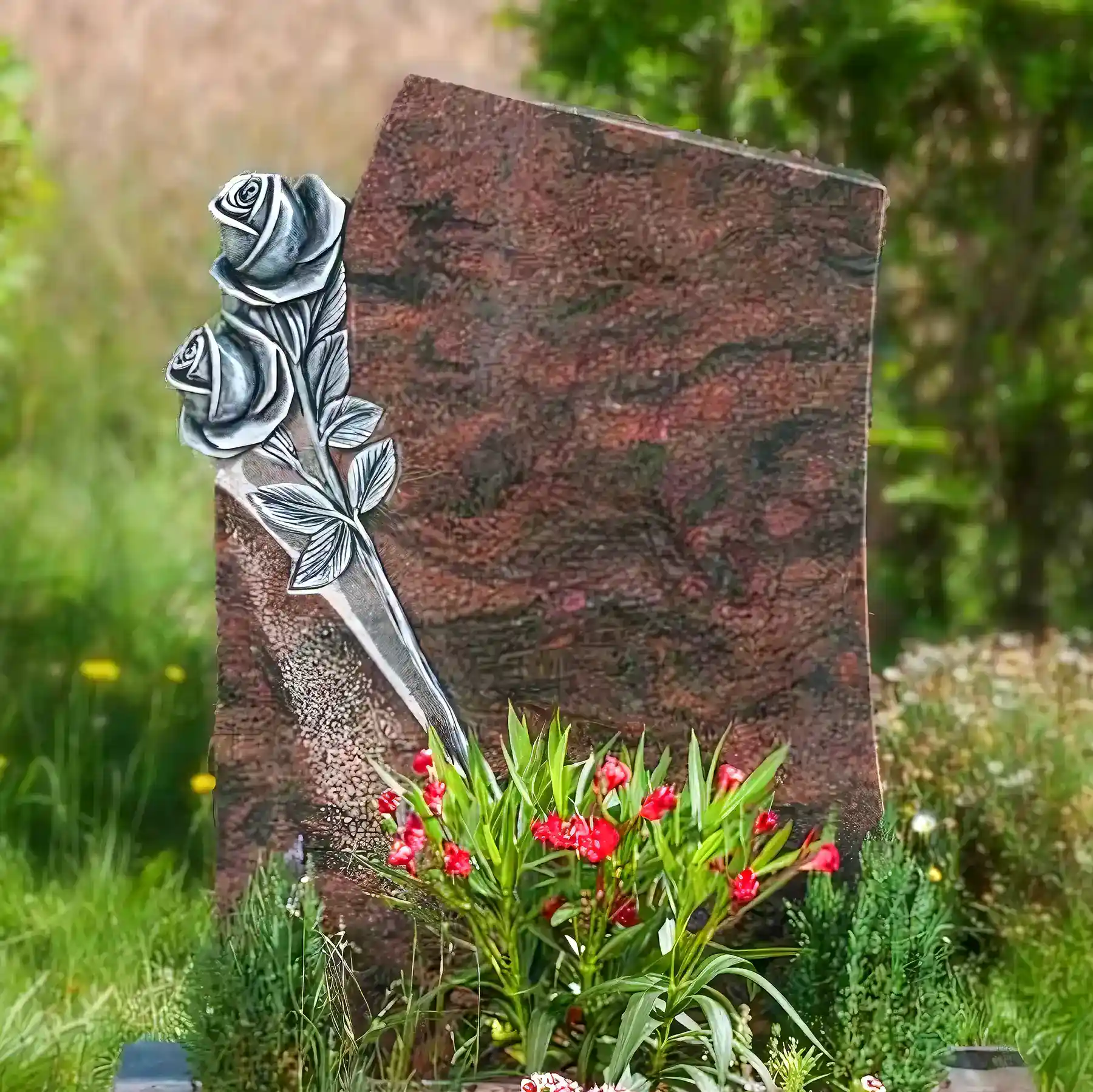 Einzelgrabstein mit handwerklicher Bildhauerarbeit (Rosenmotiv)