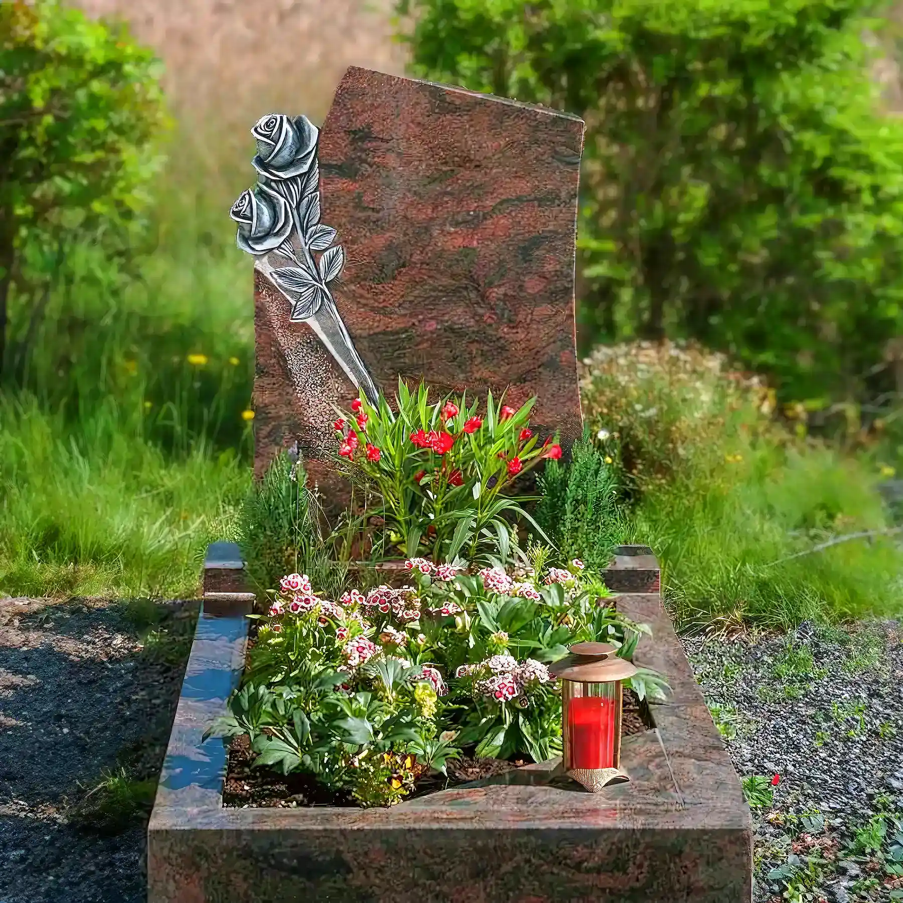 Einzelgrabstein mit handwerklicher Bildhauerarbeit (Rosenmotiv) – Bild 2