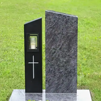 Grabstein mit Kerze und Kreuz, elegante Grabsteine aus Granit, Grabkunst, Bestattungsstein.