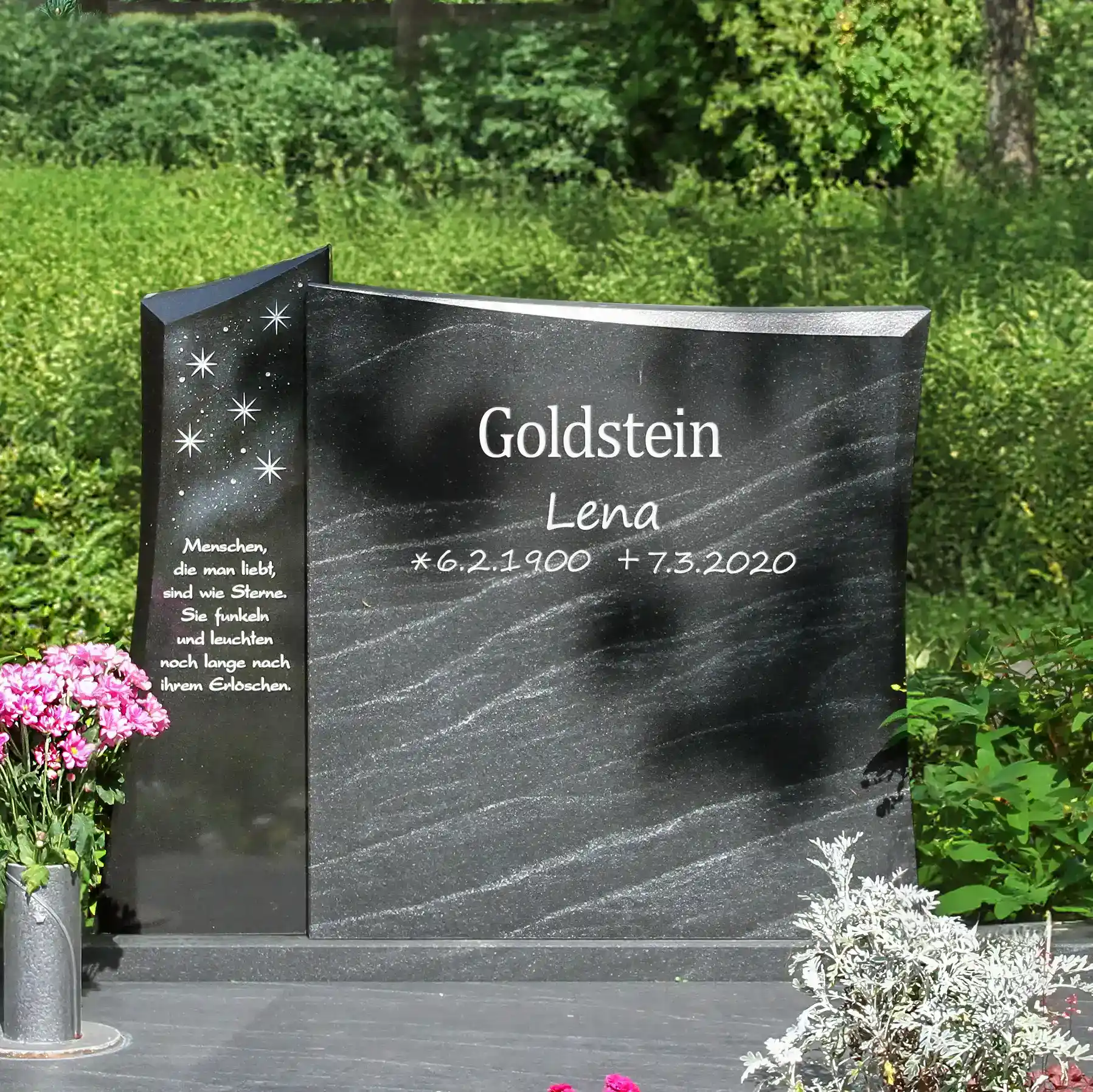 Familiengrabstein – zweiteilig, aus poliertem Indian Black und satiniertem Virginia Black mit Inschrift und Swarovski-Steinen – Bild 3