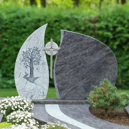 Familiengrabstein mit Edelstahlkreuz und Lebensbaum in Viscount White und Orion