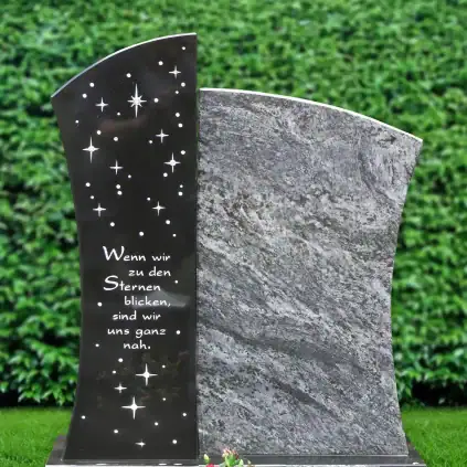 Urnengrabstein in Jet Black und Orion mit funkelndem Sternenhimmel und Inschrift