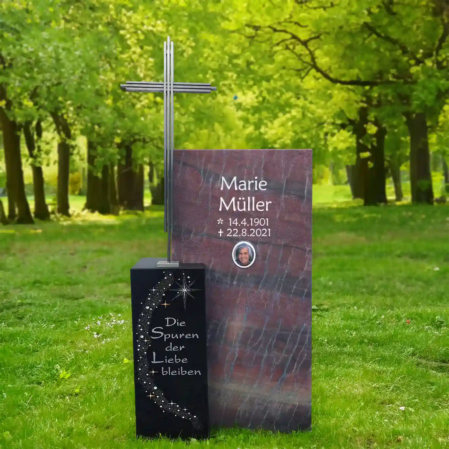 Urnengrabstein, zweiteilig aus Timor Red und Jet Black mit Stahlkreuz und Kristallsteinen – Bild 2
