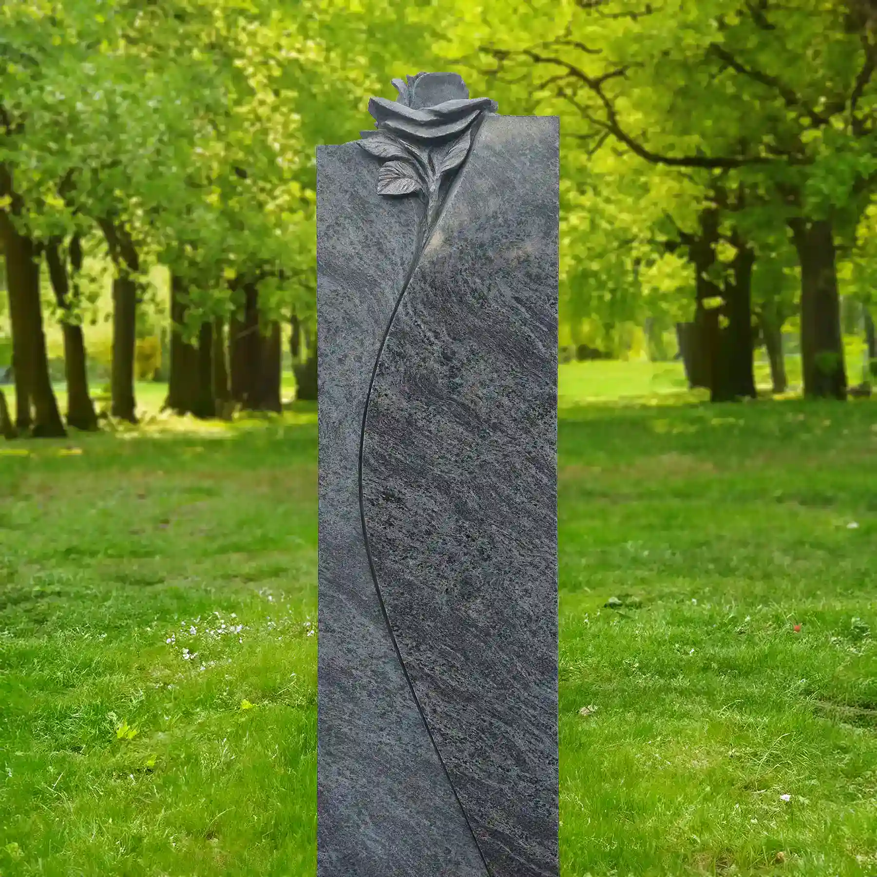 Urnengrabstein aus Orion Granit mit Rosenmotiv