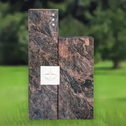 Einzelgrabstein, 2-teiliges Grabmal aus Granit mit geometrischen Einlagen und Kreuzmotiv