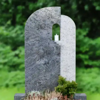 Einzelgrabstein, 2-teiliges Grabmal aus Granit mit handwerklich eingearbeiteter Treppe und Torbogen