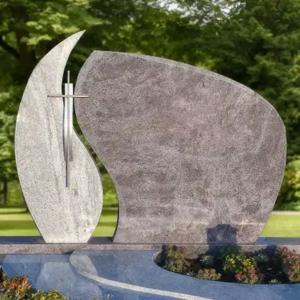Familiengrabstein aus poliertem Granit mit modernem Aluminiumkreuz – Elegantes zweiteiliges Design in Blau- und Grautönen