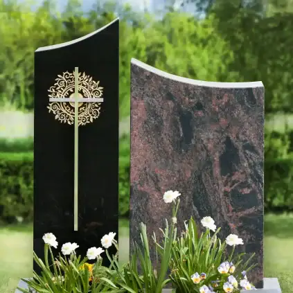 Urnengrabstein, 2-teiliges Grabmal aus Granit mit Edelstahl Kreuz und vergoldetem Ornament