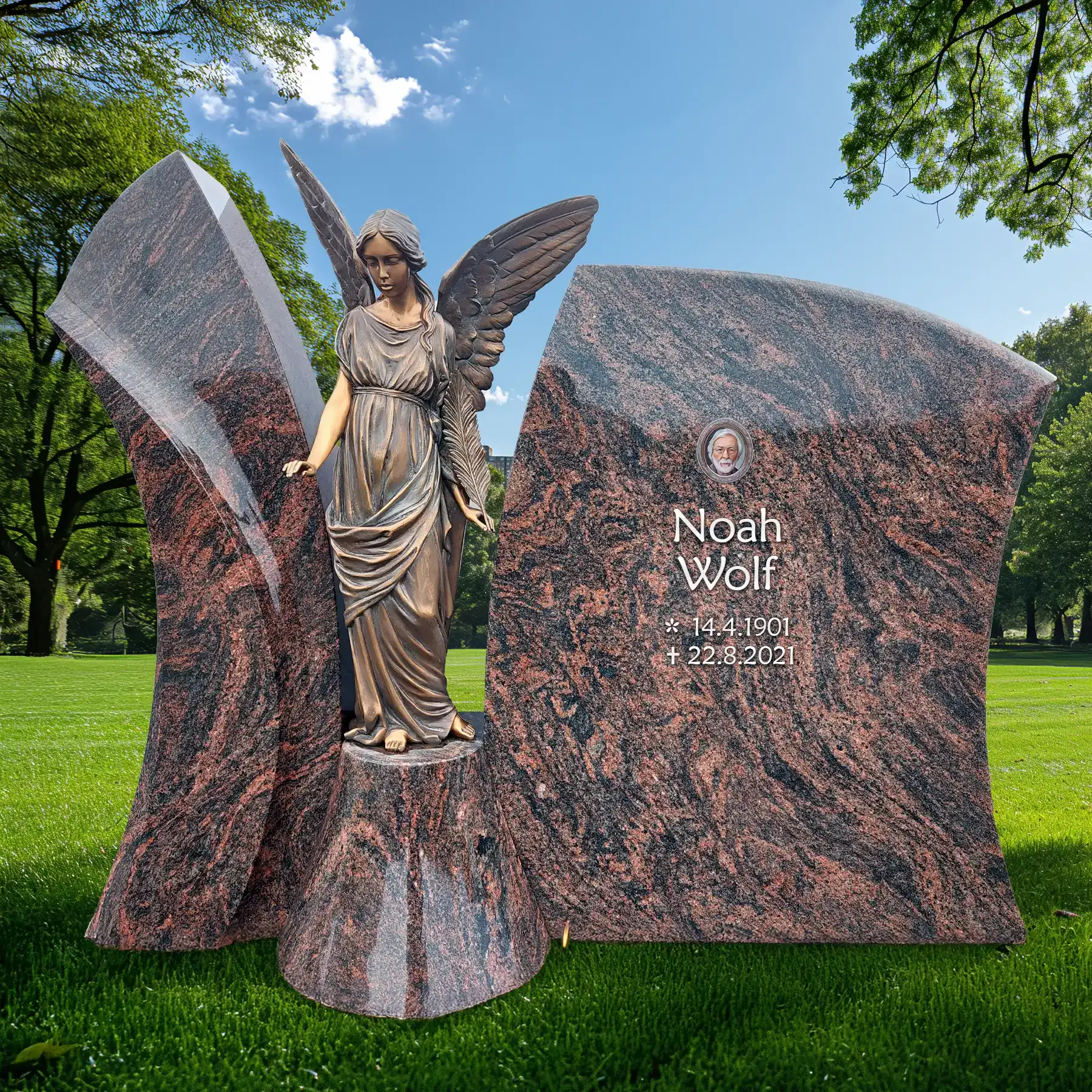 Grabstein mit Engel aus Aurindi Granit, personalisiert für Noah Wolf, inklusive Name, Geburts- und Sterbedatum, ideal für ein liebevolles Familiengrab.