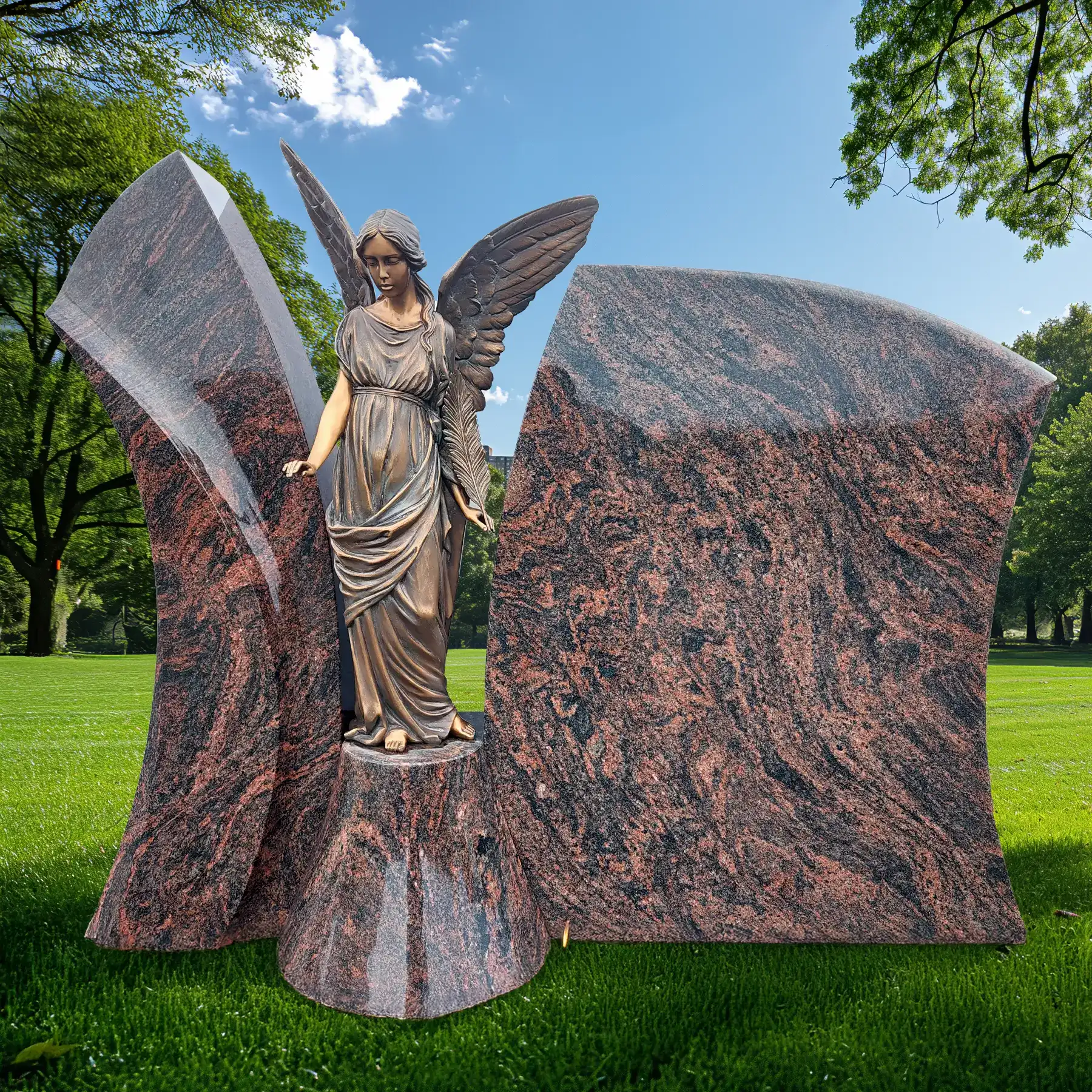 Grabstein mit Engel aus Aurindi Granit, dreiteiliges Familiengrab, elegante Grabgestaltung mit Engel-Statue, langlebiger Naturstein für würdige Gedenkstätten.