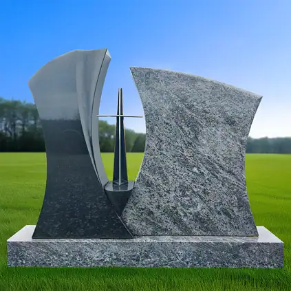 Moderner Familiengrabstein aus Jet Black und Orion Hartgestein mit Edelstahlkreuz, symbolisiert Ewigkeit und Zusammenhalt.